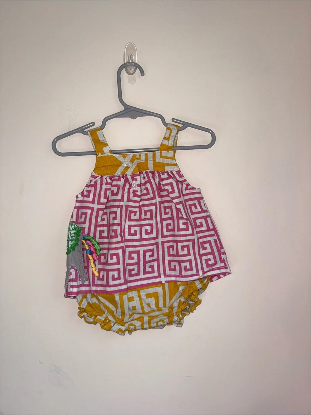 Girls' Pink & Yellow Patterned Sundress Romper with Elephant